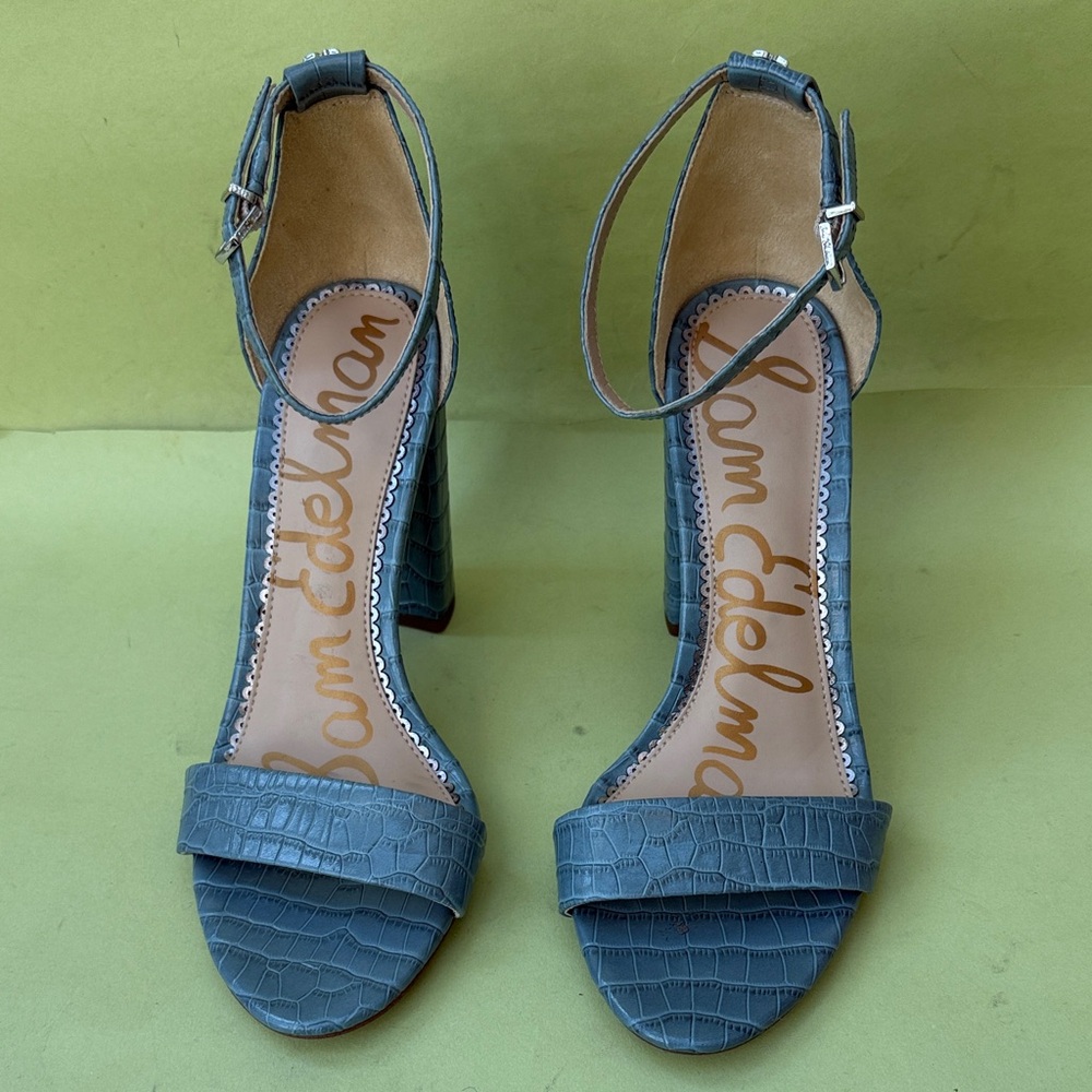 Sam Edelman Grayish Blue Croc-Embossed Leather Heels with Silver Hardware